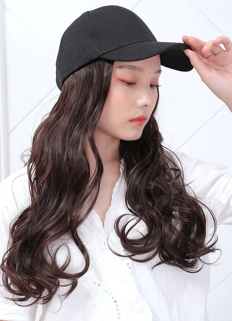 Long Straight Hat Wig Natural Brown Wigs Connect Synthetic Synthetic Baseball Cap Hair Wig Hat Wig Adjustable for Women