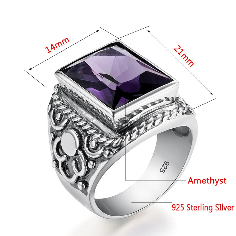 Real 925 Sterling Silver Heavy Signet Rings Men's Massive Amethyst 12*16mm Stone Party Male Vintage Jewelry Gift For Husband Top