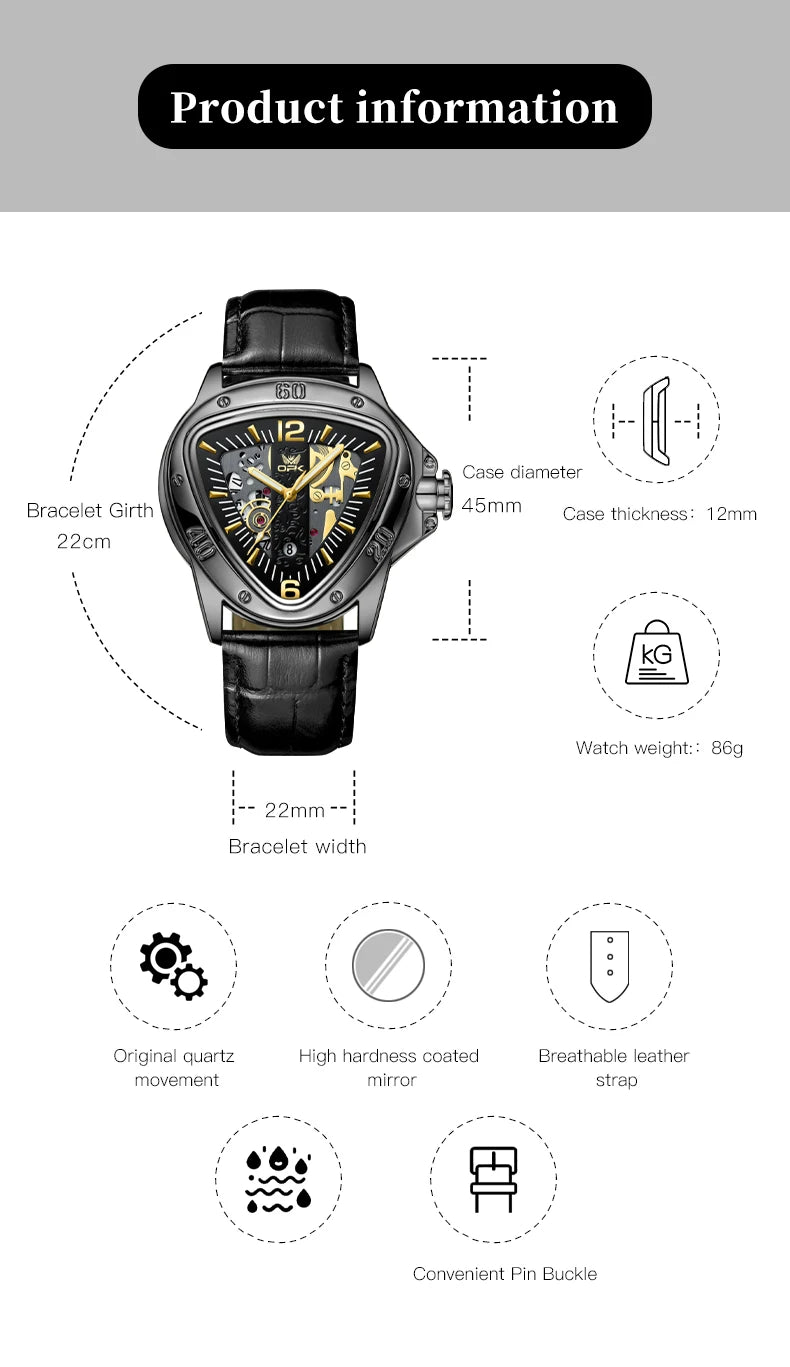 OPK 8168 Gold Men Steampunk Quartz Wristwatch New Band Triangle Golden Skeleton Movement Genuine Leather Case Oval Racing Style