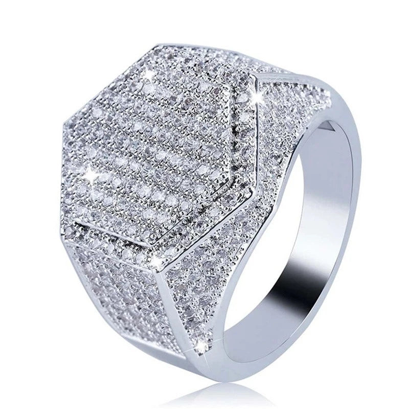 Fashion Men Rings Copper Gold Silver Color Ring Iced Out Bling Pave Cubic Zirconia Geometry Ring Charms For Men Gift