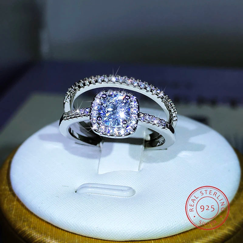 New Small Couple Ring 925 Sterling Silver Popular Fashion Four-Claw Zircon Ring Two-Piece For Ladies Party Birthday Jewelry Gift