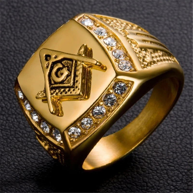 Vintage Ring For Men Masonic Bands Letter Crystal Inlaid Jewelry Anniversary Men Christmas Gift Finger Ring