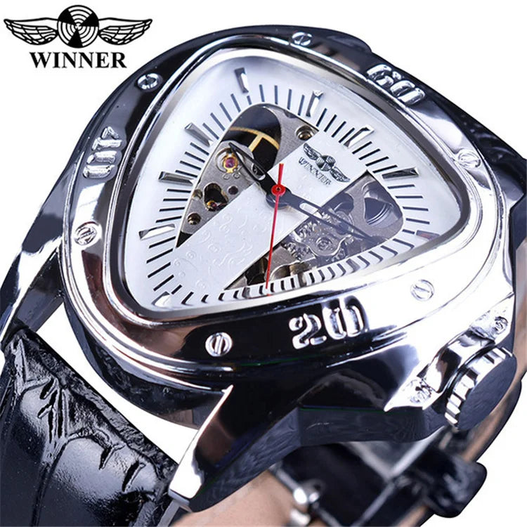 WINNER GMT996 New Selling Triangle Golden Skeleton Leather Watch for Men Mechanical Automatic Sport Mens Watches for Friend