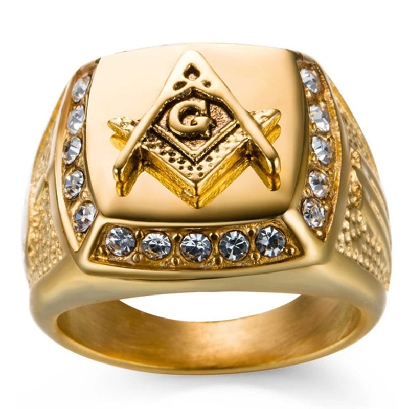 Vintage Ring For Men Masonic Bands Letter Crystal Inlaid Jewelry Anniversary Men Christmas Gift Finger Ring