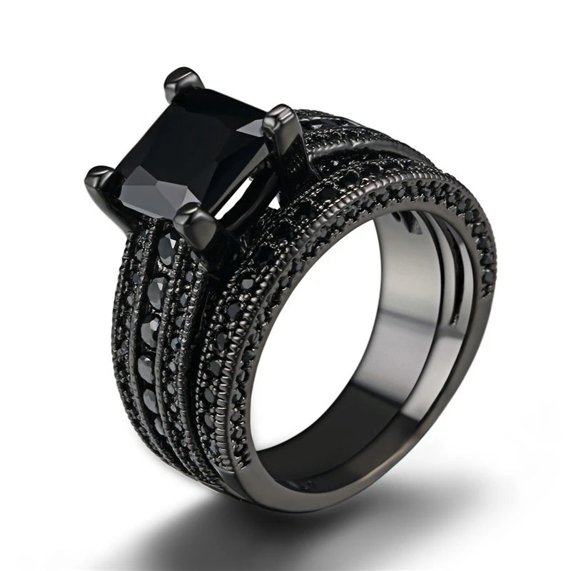 Fashion Couple Jewelry Lovers Rings Women's Black Zircon Engagement Ring Set Men's Stainless Steel Wedding Band Anniversary Gift