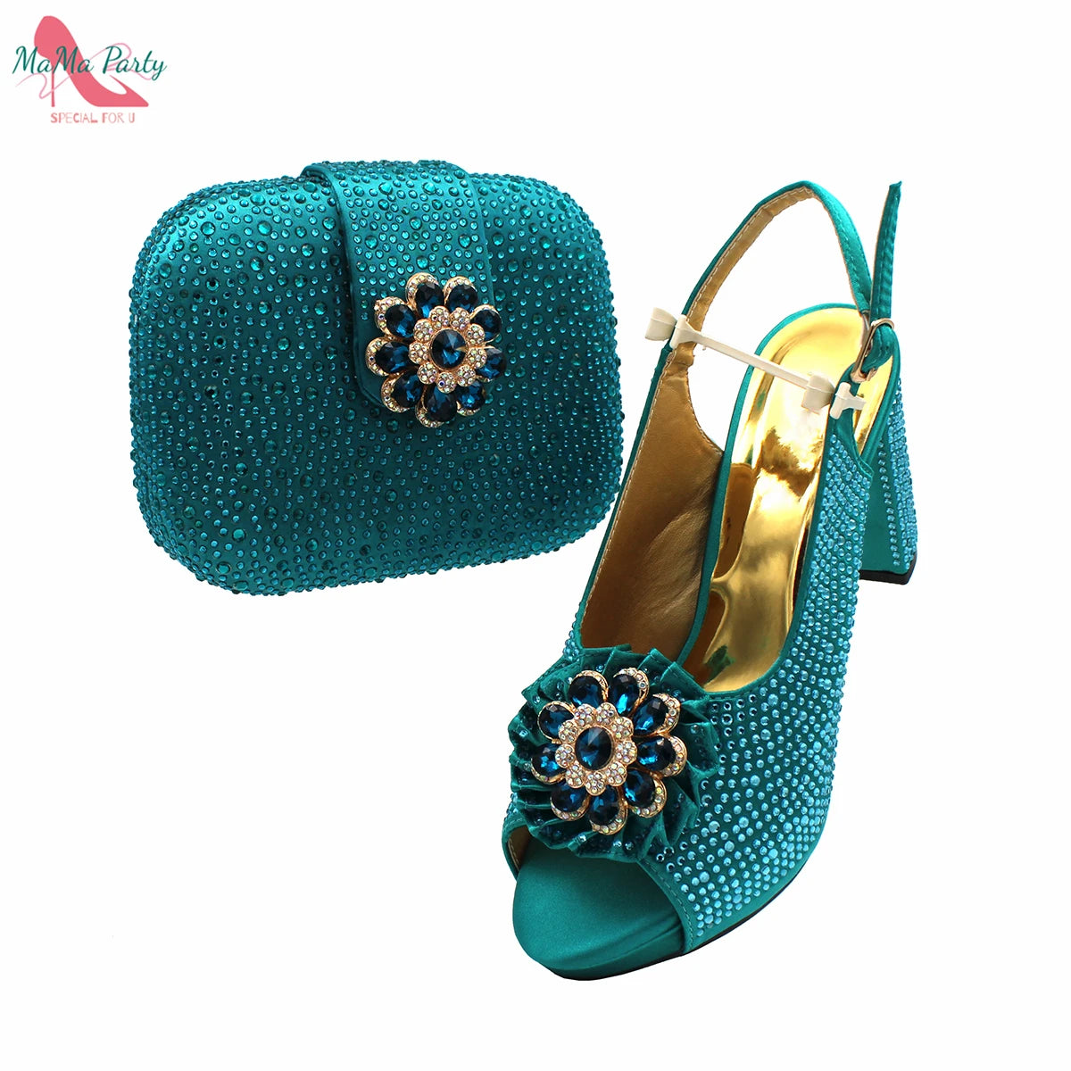 African Mature Women Shoes and Bag to Match in Teal Color Comfortable Heels with Platform for Garden Party
