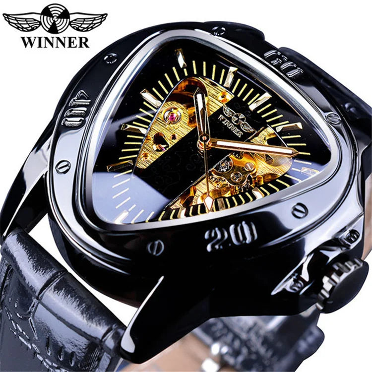 WINNER GMT996 New Selling Triangle Golden Skeleton Leather Watch for Men Mechanical Automatic Sport Mens Watches for Friend