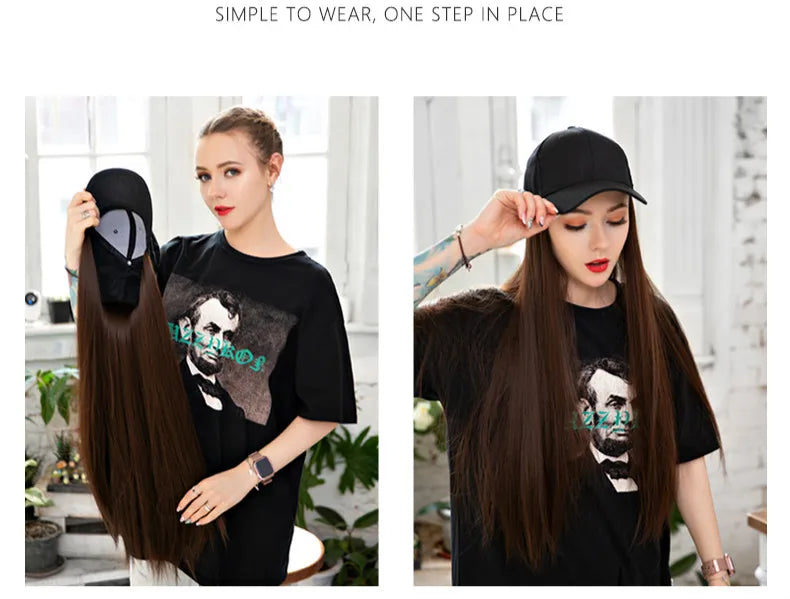 Long Straight Hat Wig Natural Brown Wigs Connect Synthetic Synthetic Baseball Cap Hair Wig Hat Wig Adjustable for Women