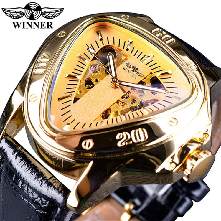 WINNER GMT996 New Selling Triangle Golden Skeleton Leather Watch for Men Mechanical Automatic Sport Mens Watches for Friend