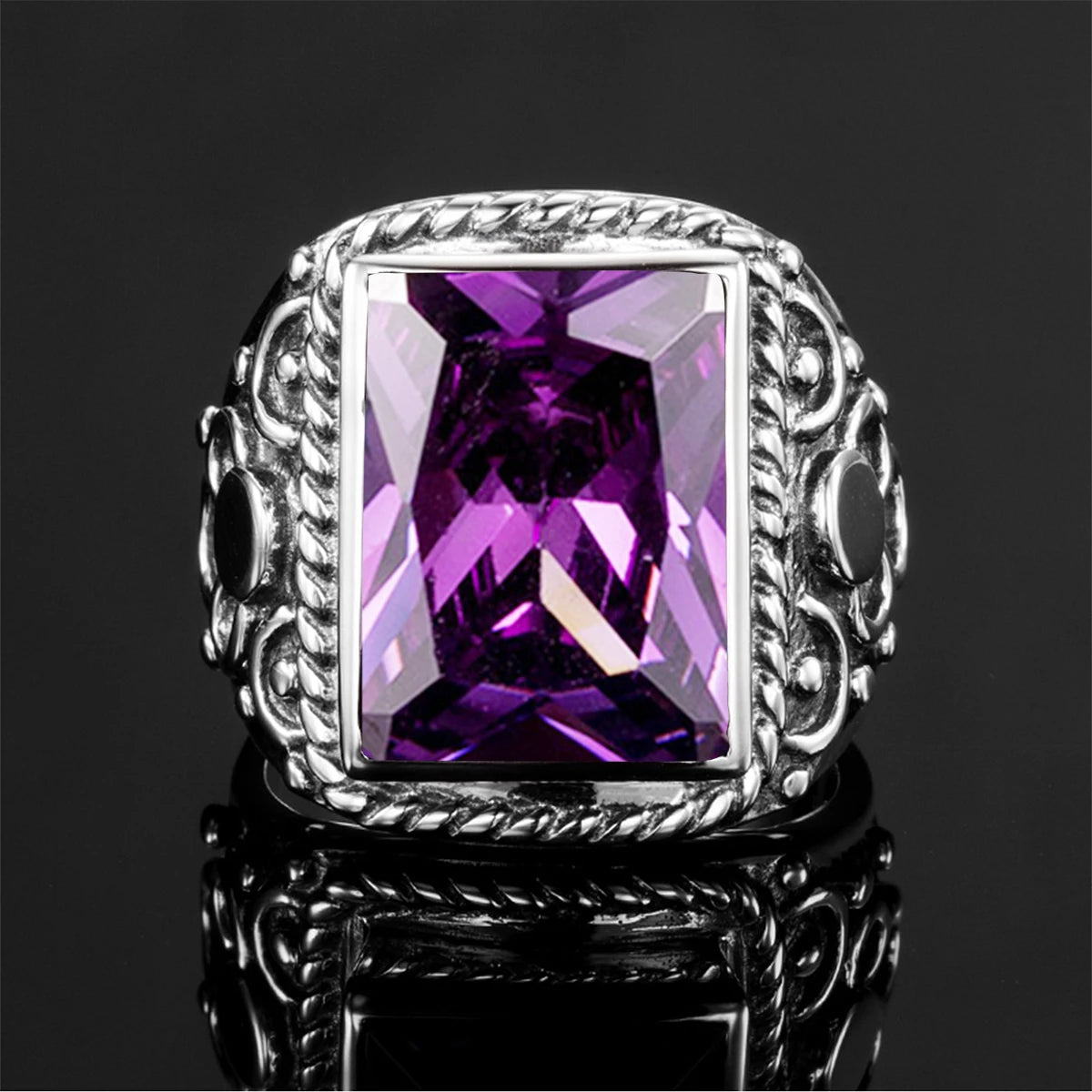 Real 925 Sterling Silver Heavy Signet Rings Men's Massive Amethyst 12*16mm Stone Party Male Vintage Jewelry Gift For Husband Top