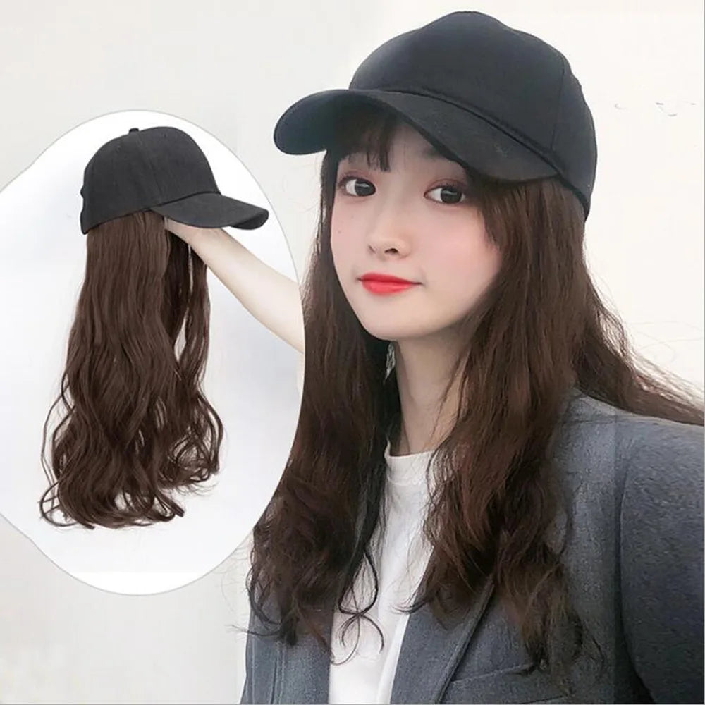 Long Straight Hat Wig Natural Brown Wigs Connect Synthetic Synthetic Baseball Cap Hair Wig Hat Wig Adjustable for Women