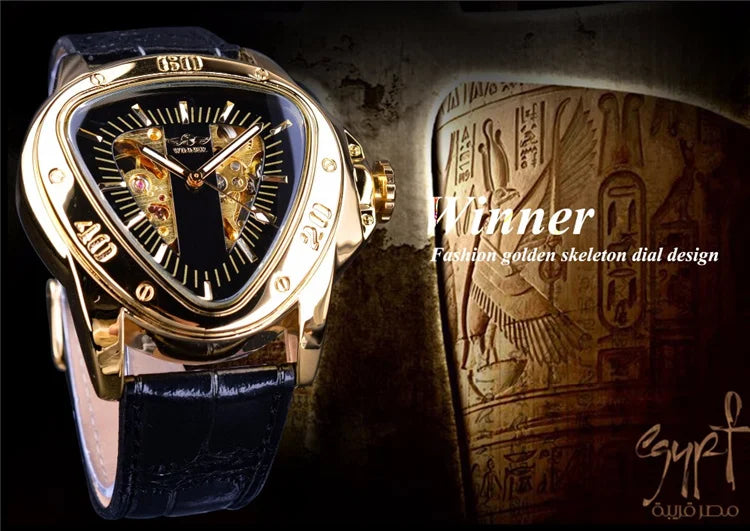 WINNER GMT996 New Selling Triangle Golden Skeleton Leather Watch for Men Mechanical Automatic Sport Mens Watches for Friend