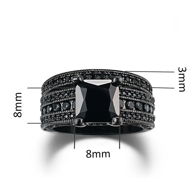 Fashion Couple Jewelry Lovers Rings Women's Black Zircon Engagement Ring Set Men's Stainless Steel Wedding Band Anniversary Gift
