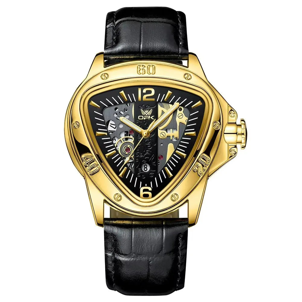 OPK 8168 Gold Men Steampunk Quartz Wristwatch New Band Triangle Golden Skeleton Movement Genuine Leather Case Oval Racing Style
