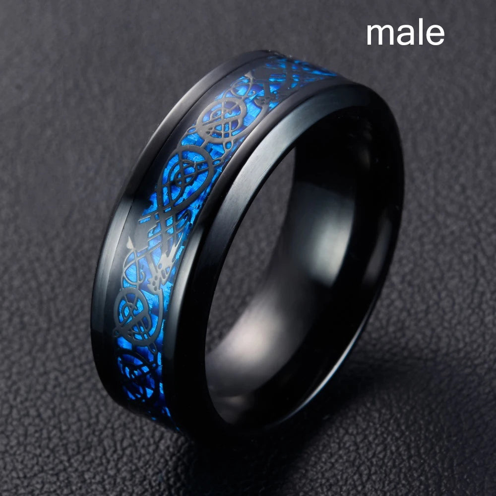 Fashion Jewelry Couple Rings for Lover's Vintage Dragon Pattern Stainless Steel Male Rings 6MM Dark Blue Zircon Female Ring Gift