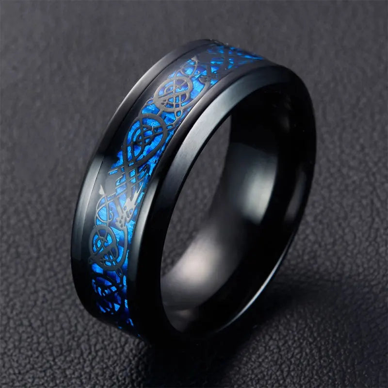 Fashion Jewelry Couple Rings for Lover's Vintage Dragon Pattern Stainless Steel Male Rings 6MM Dark Blue Zircon Female Ring Gift