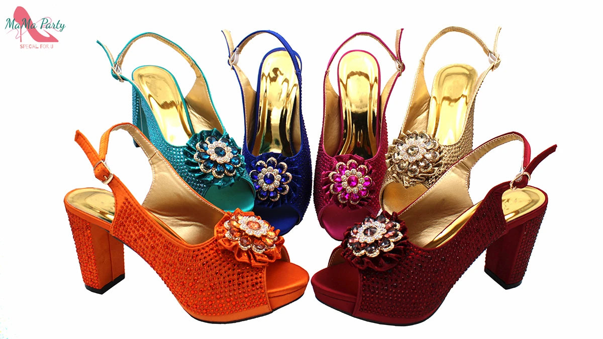 African Mature Women Shoes and Bag to Match in Teal Color Comfortable Heels with Platform for Garden Party