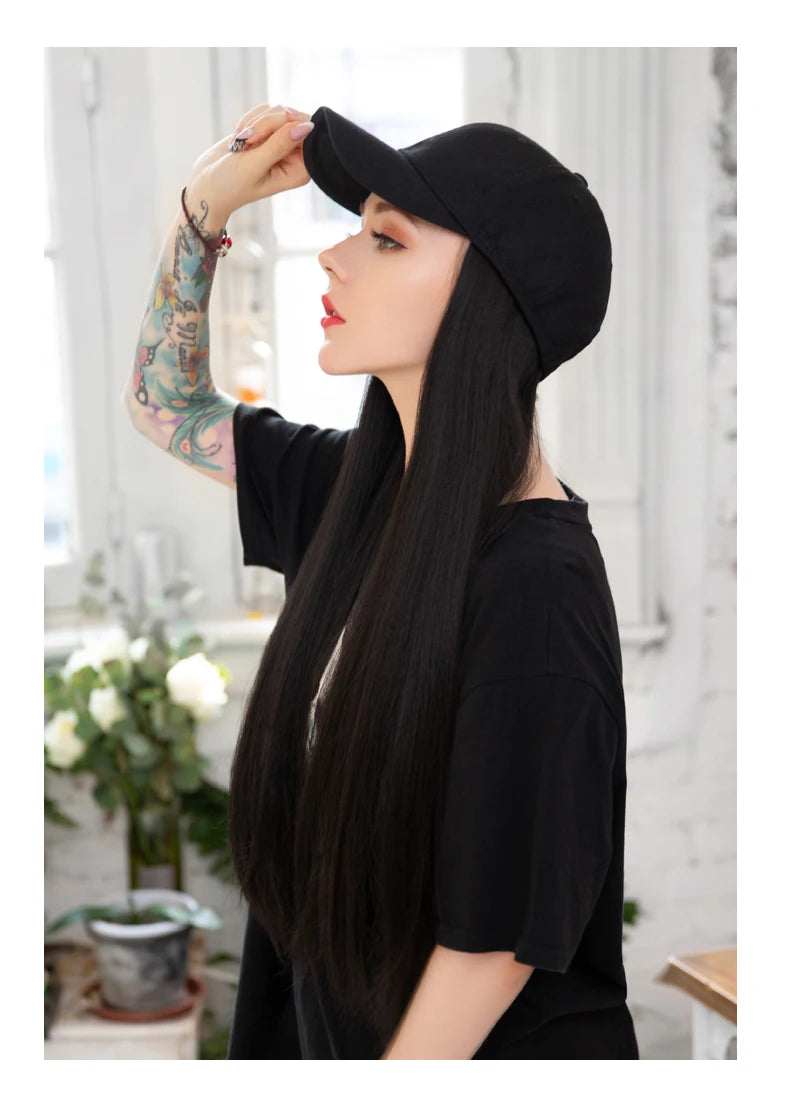 Long Straight Hat Wig Natural Brown Wigs Connect Synthetic Synthetic Baseball Cap Hair Wig Hat Wig Adjustable for Women