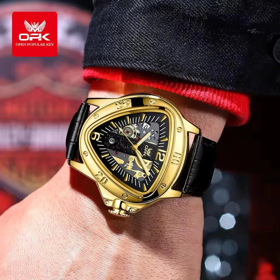 OPK 8168 Gold Men Steampunk Quartz Wristwatch New Band Triangle Golden Skeleton Movement Genuine Leather Case Oval Racing Style
