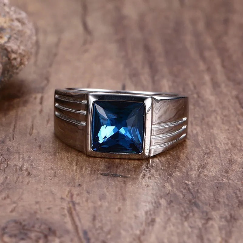 Stylish Men Signet Rings Stainless Steel Statement Ring with Rectangle Blue Stone anel masculino