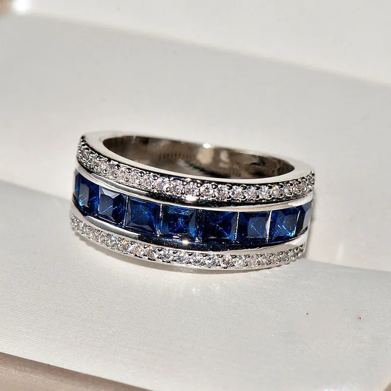 Authentic 925 Sterling Silver Finger Ring With Round Blue Square Cubic Zirconia Crystal Wide Ring For Women Wedding Jewelry