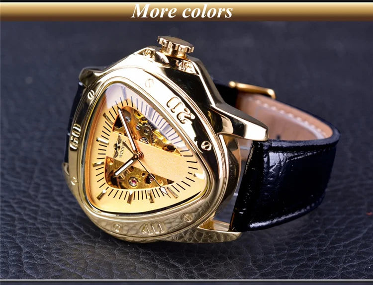 WINNER GMT996 New Selling Triangle Golden Skeleton Leather Watch for Men Mechanical Automatic Sport Mens Watches for Friend