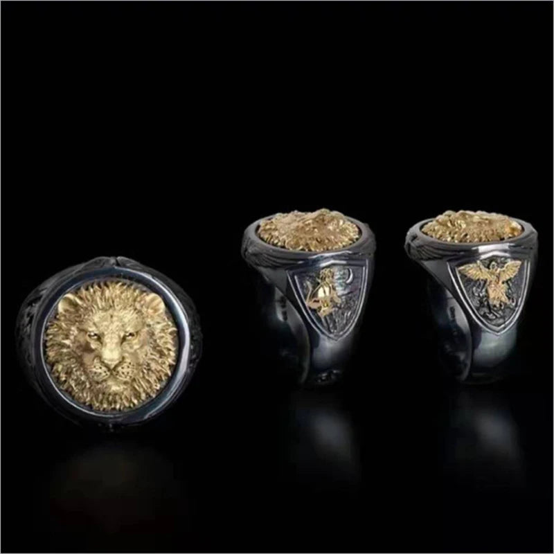 Signet ring male  Vivid big gold lion head man black ring two-color luxury ring punk ring man  angel and devil ring