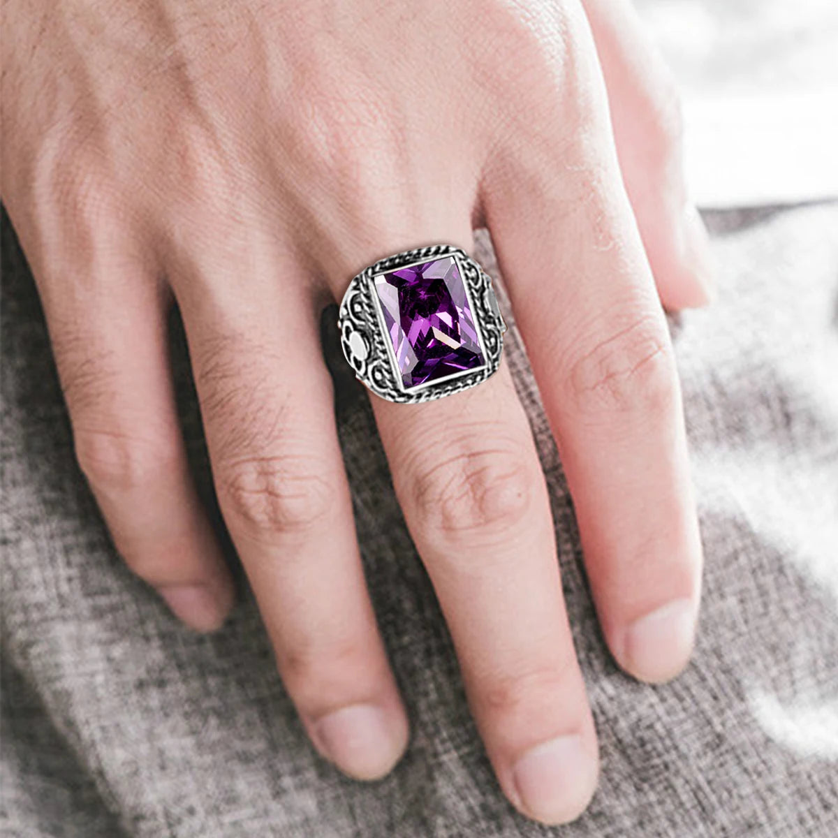 Real 925 Sterling Silver Heavy Signet Rings Men's Massive Amethyst 12*16mm Stone Party Male Vintage Jewelry Gift For Husband Top