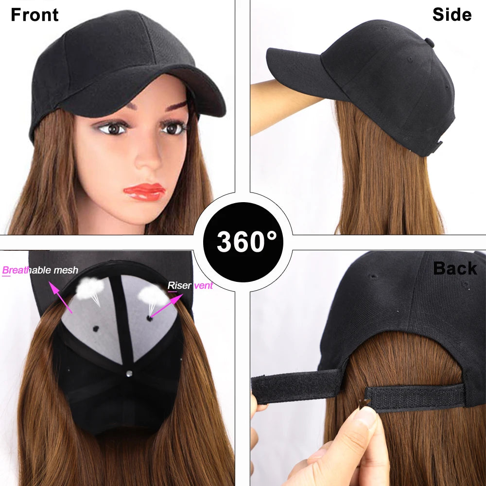Long Straight Hat Wig Natural Brown Wigs Connect Synthetic Synthetic Baseball Cap Hair Wig Hat Wig Adjustable for Women