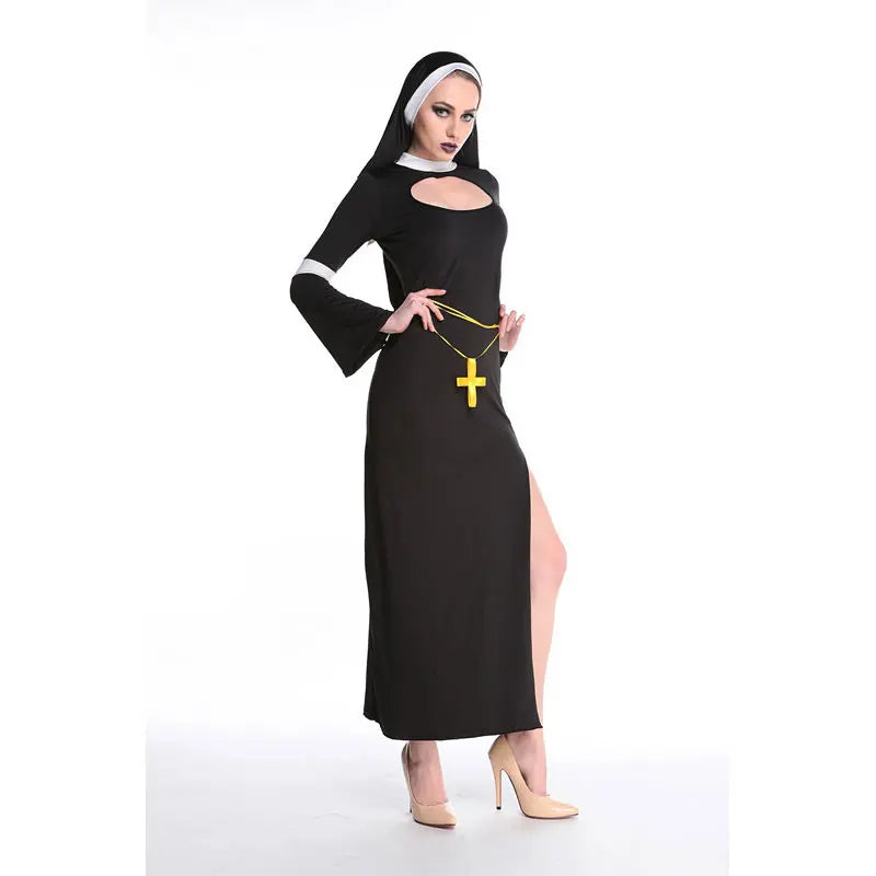 Umorden Halloween Costumes for Women The Nun Costume Sexy High Split Fantasia Adulto Cosplay Clothing Dress Headscarf Cross