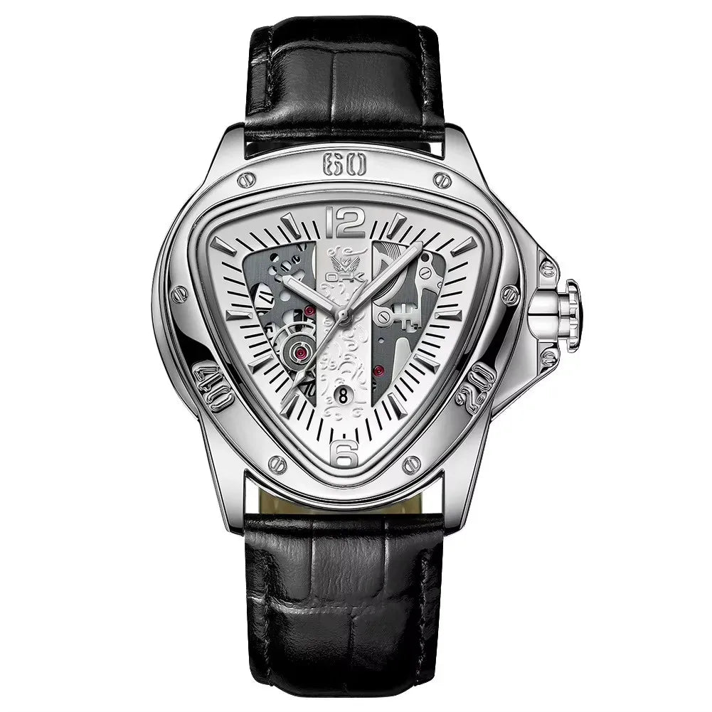 OPK 8168 Gold Men Steampunk Quartz Wristwatch New Band Triangle Golden Skeleton Movement Genuine Leather Case Oval Racing Style