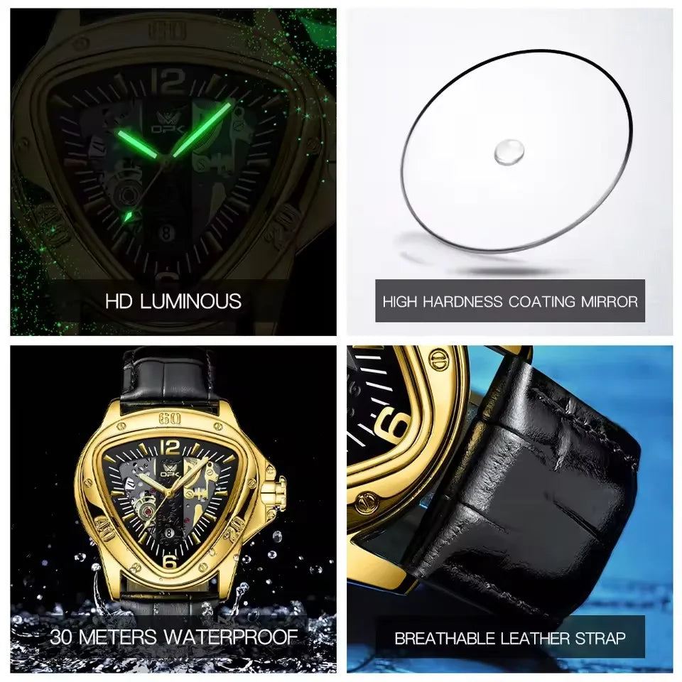 OPK 8168 Gold Men Steampunk Quartz Wristwatch New Band Triangle Golden Skeleton Movement Genuine Leather Case Oval Racing Style