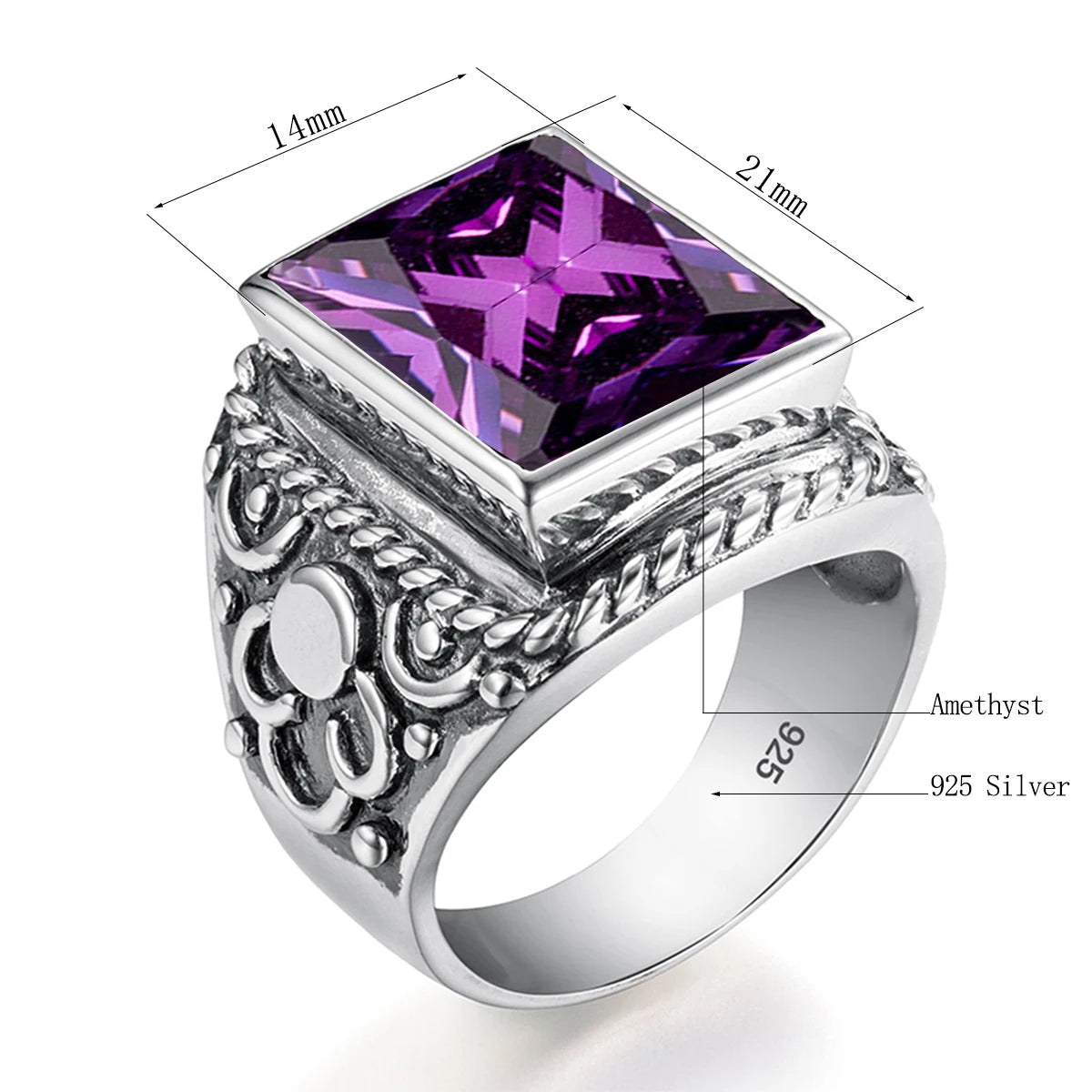 Real 925 Sterling Silver Heavy Signet Rings Men's Massive Amethyst 12*16mm Stone Party Male Vintage Jewelry Gift For Husband Top
