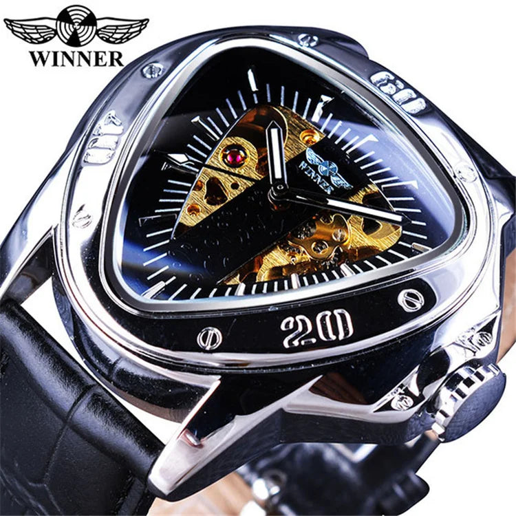 WINNER GMT996 New Selling Triangle Golden Skeleton Leather Watch for Men Mechanical Automatic Sport Mens Watches for Friend