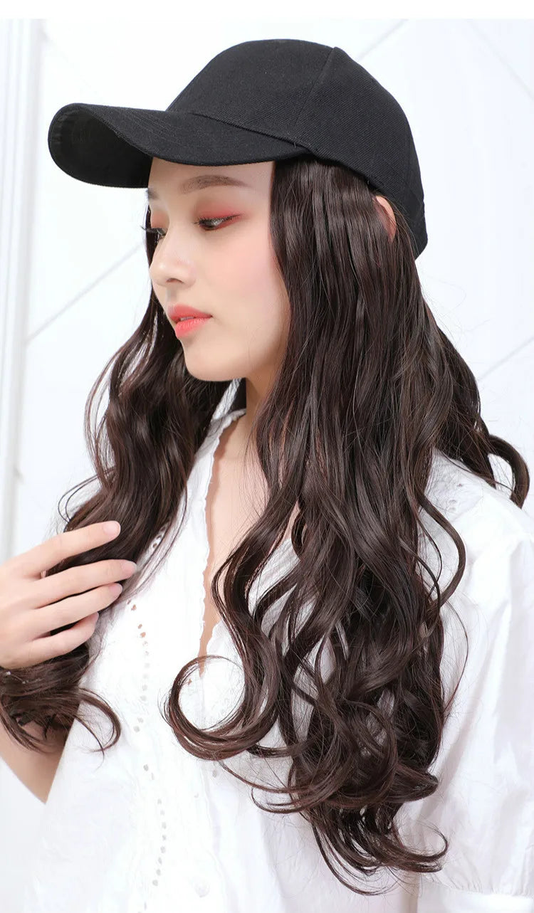 Long Straight Hat Wig Natural Brown Wigs Connect Synthetic Synthetic Baseball Cap Hair Wig Hat Wig Adjustable for Women