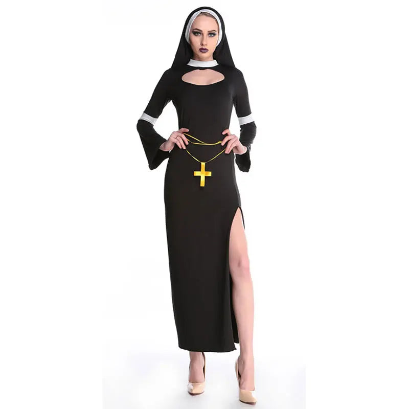 Umorden Halloween Costumes for Women The Nun Costume Sexy High Split Fantasia Adulto Cosplay Clothing Dress Headscarf Cross