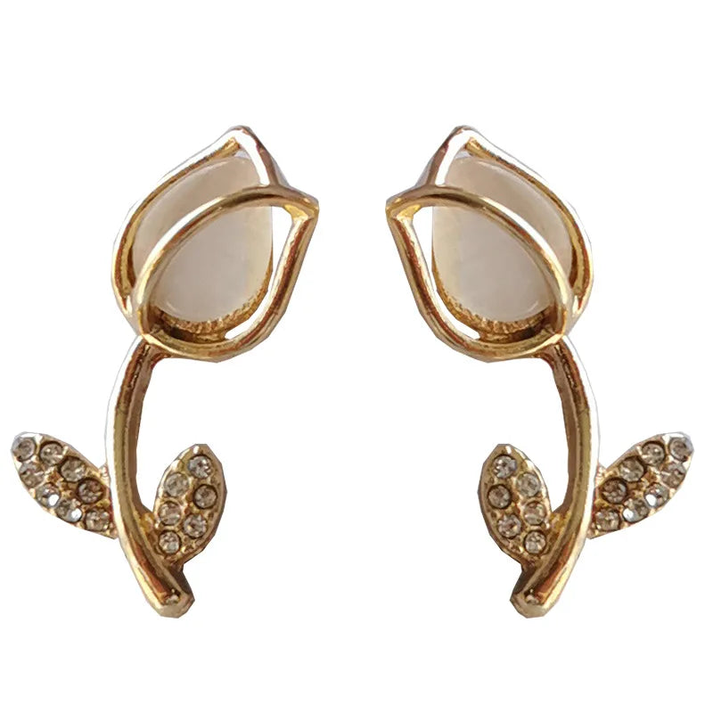 Fashion Elegant Cute Opal Rose Flower Stud Earrings For Women Students Delicate Micro Pave Zircon Necklace Jewelry Set Oorbellen