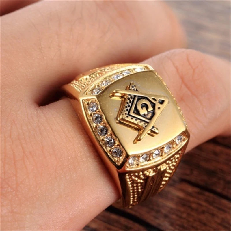 Vintage Ring For Men Masonic Bands Letter Crystal Inlaid Jewelry Anniversary Men Christmas Gift Finger Ring