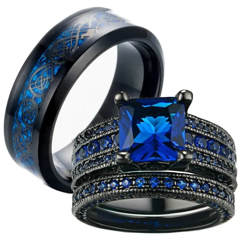 Fashion Jewelry Couple Rings for Lover's Vintage Dragon Pattern Stainless Steel Male Rings 6MM Dark Blue Zircon Female Ring Gift