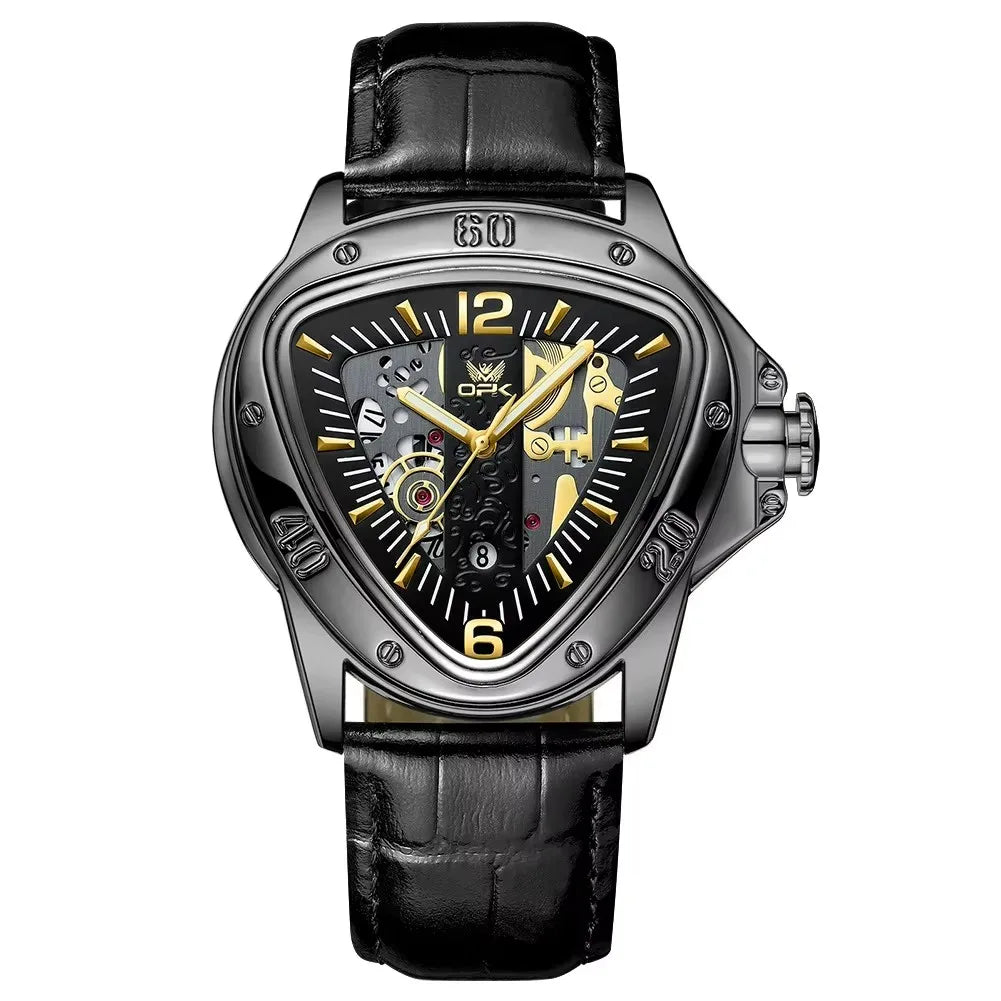 OPK 8168 Gold Men Steampunk Quartz Wristwatch New Band Triangle Golden Skeleton Movement Genuine Leather Case Oval Racing Style
