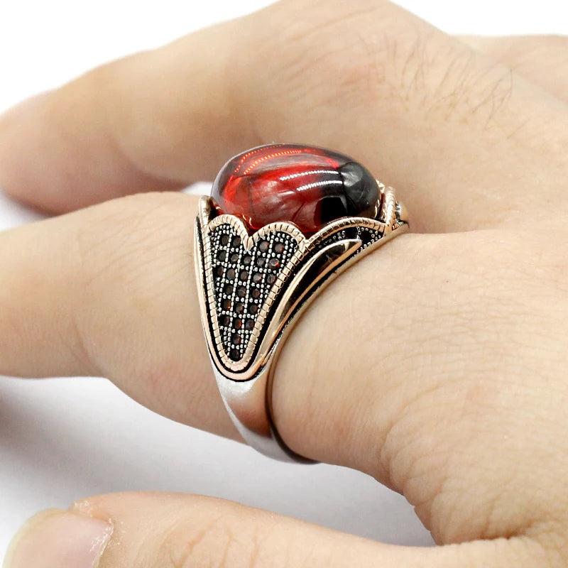 925 Silver Men's Ring Red Garnet Stone Vintage Handmade Turkish Ring for Women Rock Jewelry Christmas Gift for Women Gemstone