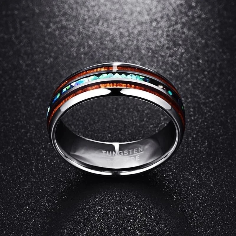 8mm New Fashion Couple Rings Tungsten Carbide Steel Wood Abalone Shell Ring For Men Jewelry Women Wedding Band