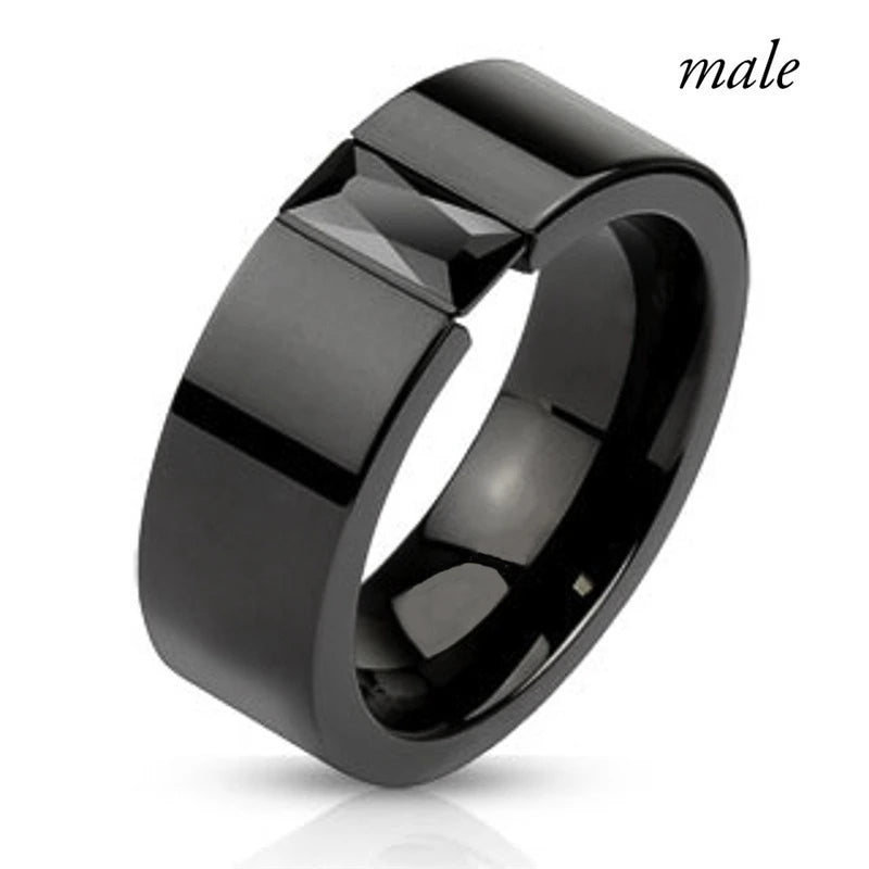 Fashion Couple Jewelry Lovers Rings Women's Black Zircon Engagement Ring Set Men's Stainless Steel Wedding Band Anniversary Gift