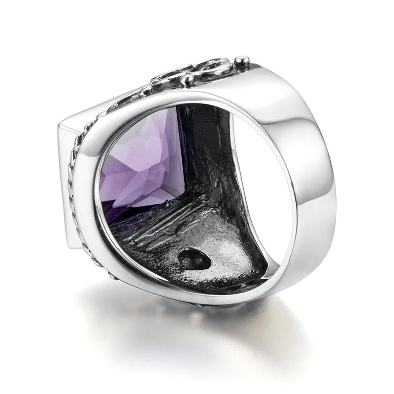 Real 925 Sterling Silver Heavy Signet Rings Men's Massive Amethyst 12*16mm Stone Party Male Vintage Jewelry Gift For Husband Top