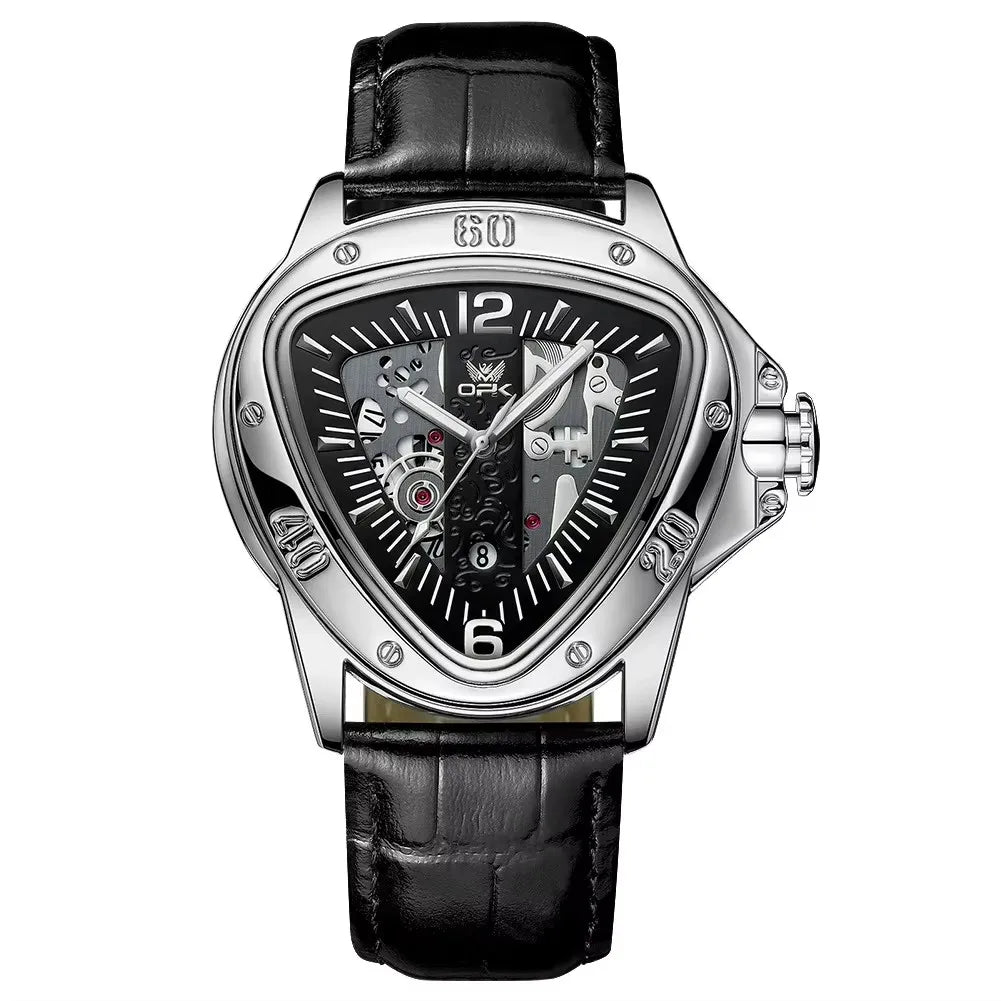 OPK 8168 Gold Men Steampunk Quartz Wristwatch New Band Triangle Golden Skeleton Movement Genuine Leather Case Oval Racing Style