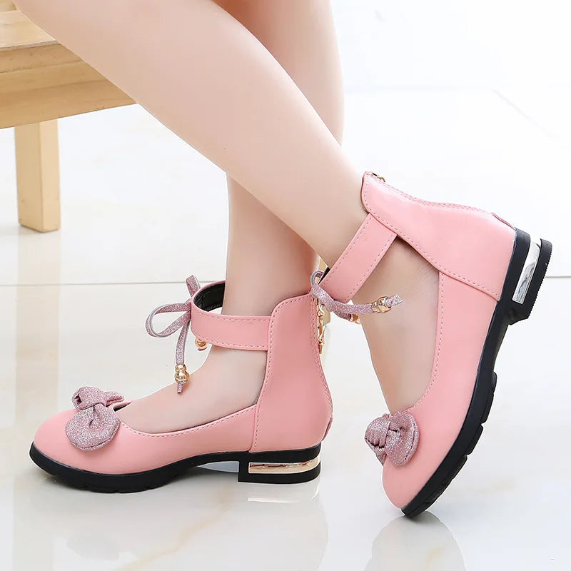 Children's Single Shoes New Girls Low-heeled Square Bow Princess Dance Shoes Student Performance Leather Shoes B122