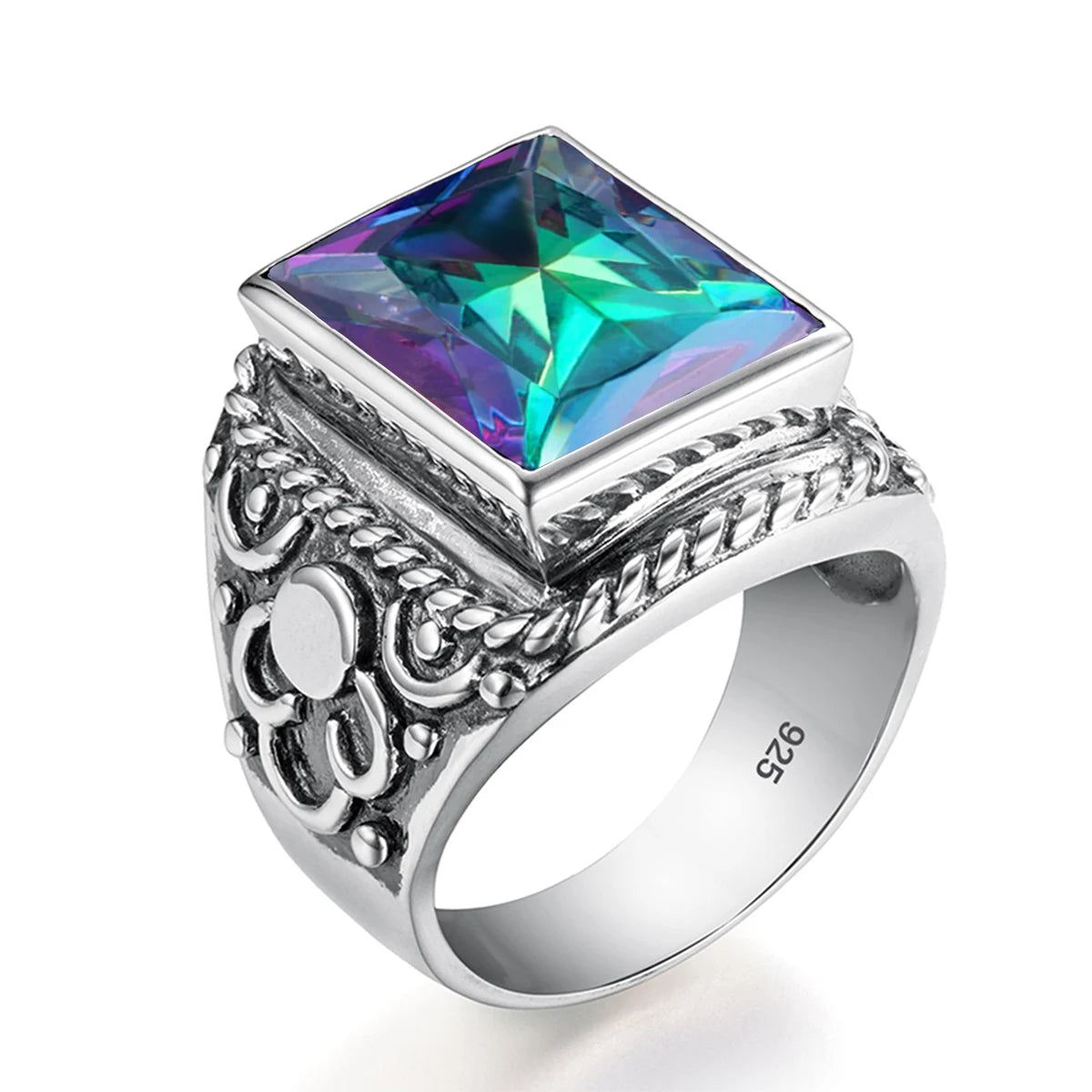 Real 925 Sterling Silver Heavy Signet Rings Men's Massive Amethyst 12*16mm Stone Party Male Vintage Jewelry Gift For Husband Top