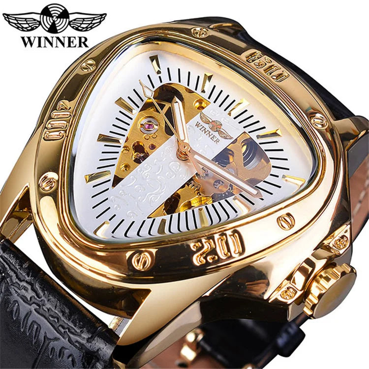 WINNER GMT996 New Selling Triangle Golden Skeleton Leather Watch for Men Mechanical Automatic Sport Mens Watches for Friend