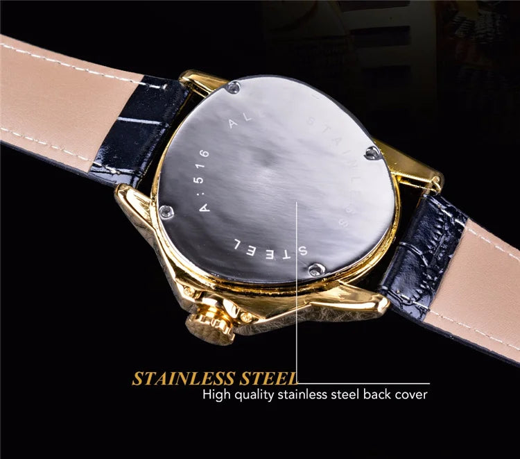 WINNER GMT996 New Selling Triangle Golden Skeleton Leather Watch for Men Mechanical Automatic Sport Mens Watches for Friend