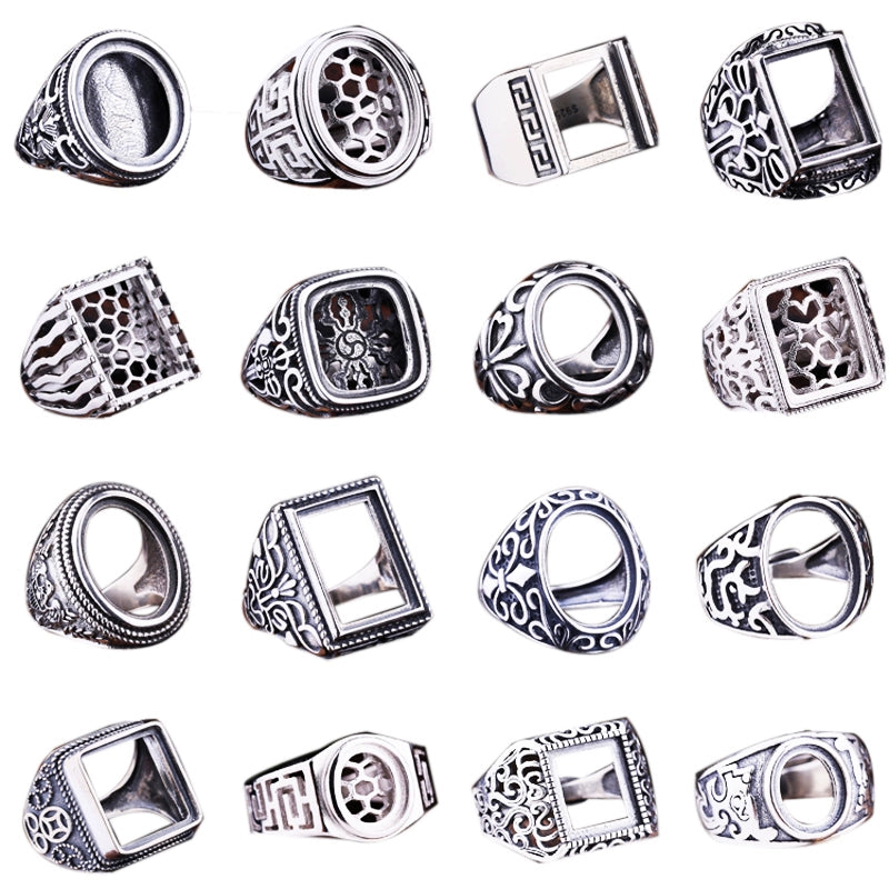 S925 Sterling Silver Ring Frame DIY Inlaid Beeswax Turquoise Amber South Red Ring Gem Opening Men Square Ring Setting